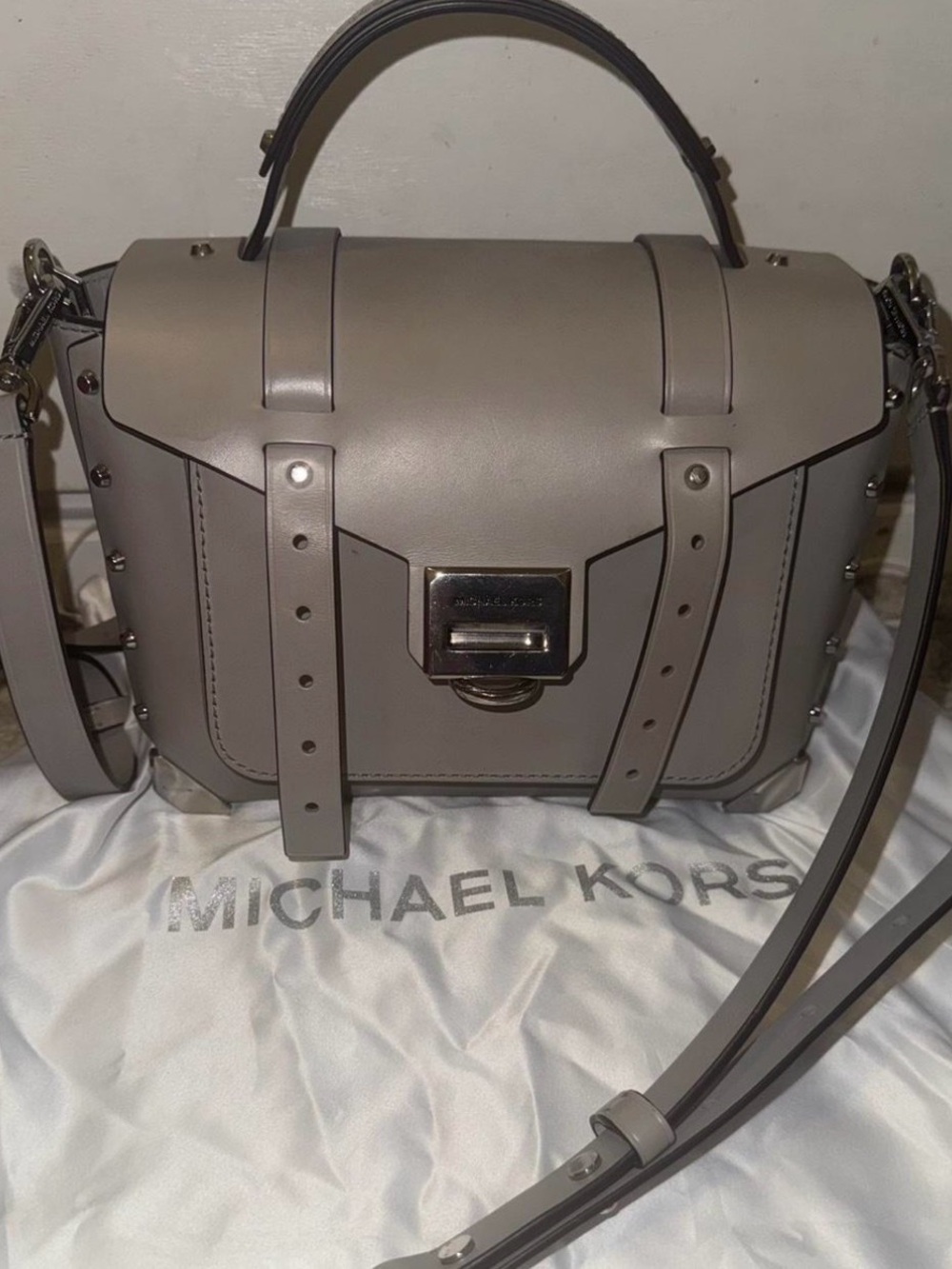 Michael Kors Manhattan Studded Grey Leather Satchel XBody w/ Adjustable Strap